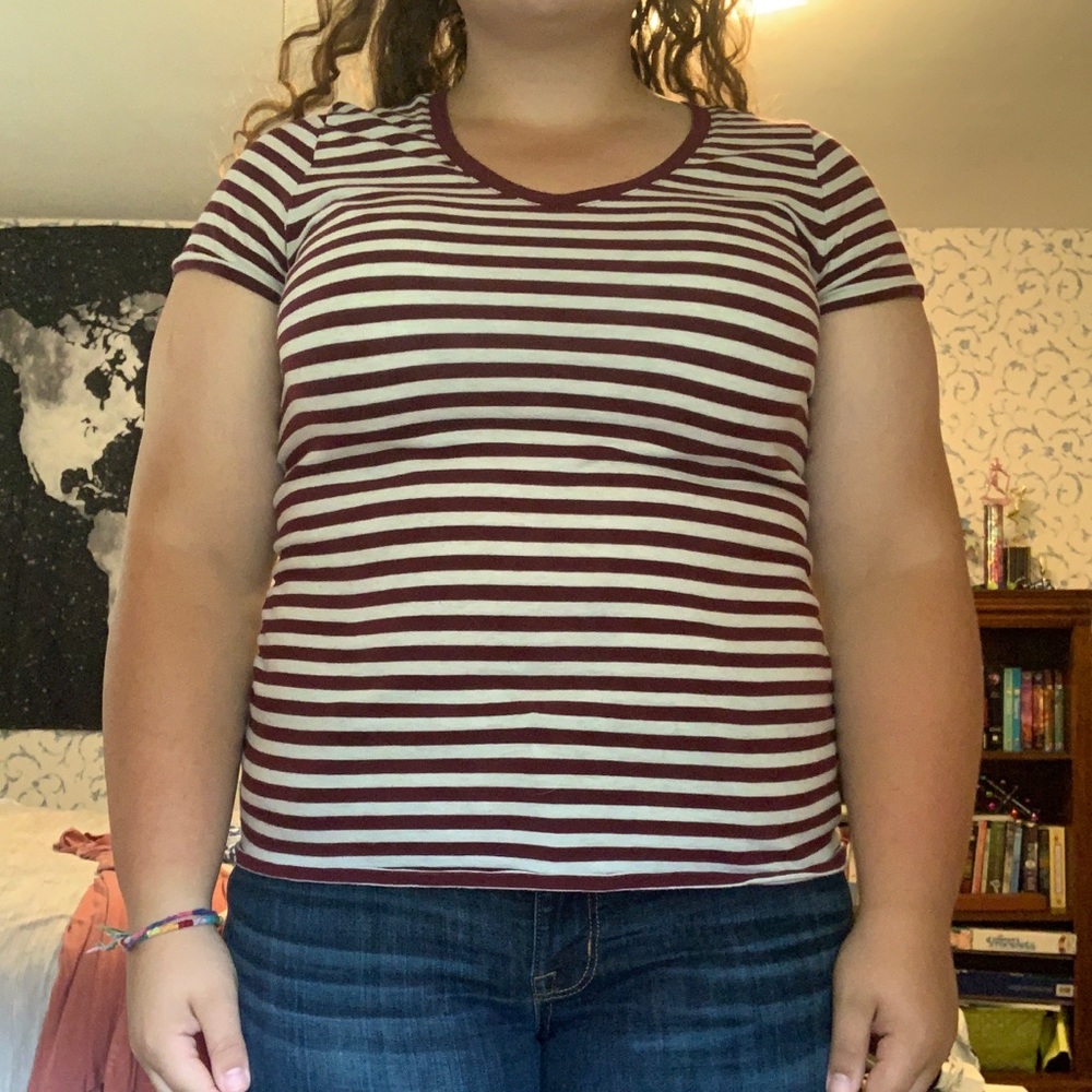 Maroon and White Striped V Neck T Shirt